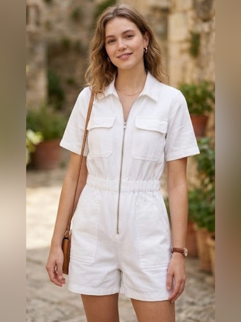 Elan White Short-Sleeve Zip Front One-Piece Romper